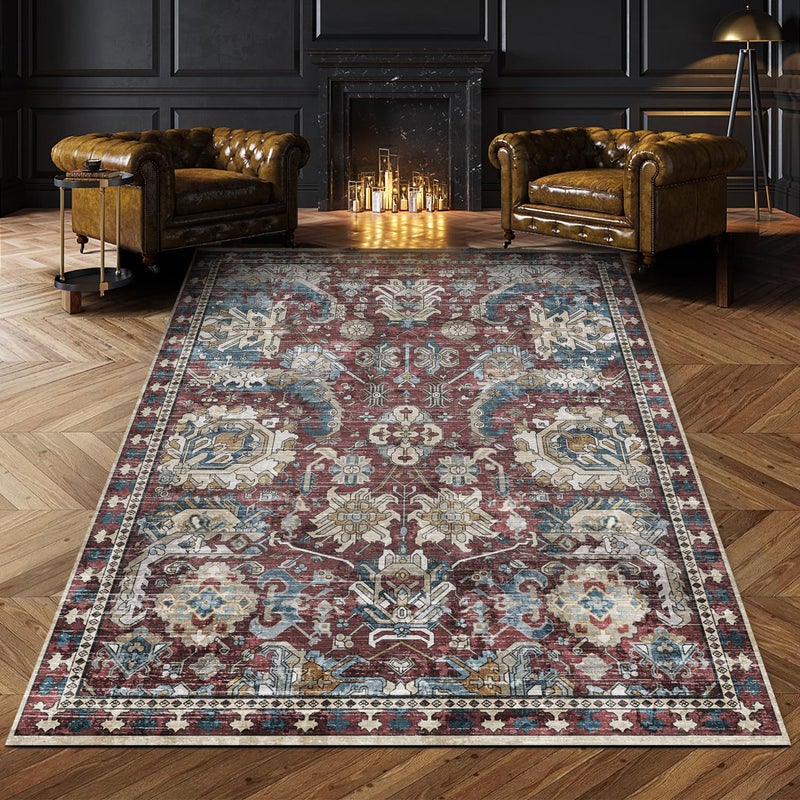 RUGSURE Washable Area Rugs - Perfect for Living Room, Bedroom, Kids Room, Nursery - Stain & Water Resistant Non-Slip, Pet & Child Friendly, Vintage Tribal Area Rugs (Burgundy and Blue, 3' x 5 ') - Image 1