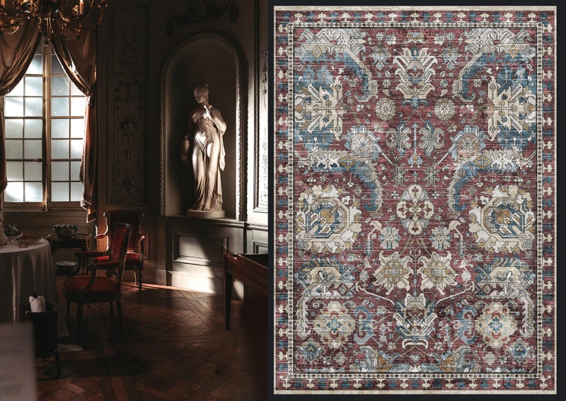 RUGSURE Washable Area Rugs - Perfect for Living Room, Bedroom, Kids Room, Nursery - Stain & Water Resistant Non-Slip, Pet & Child Friendly, Vintage Tribal Area Rugs (Burgundy and Blue, 3' x 5 ') - Image 2
