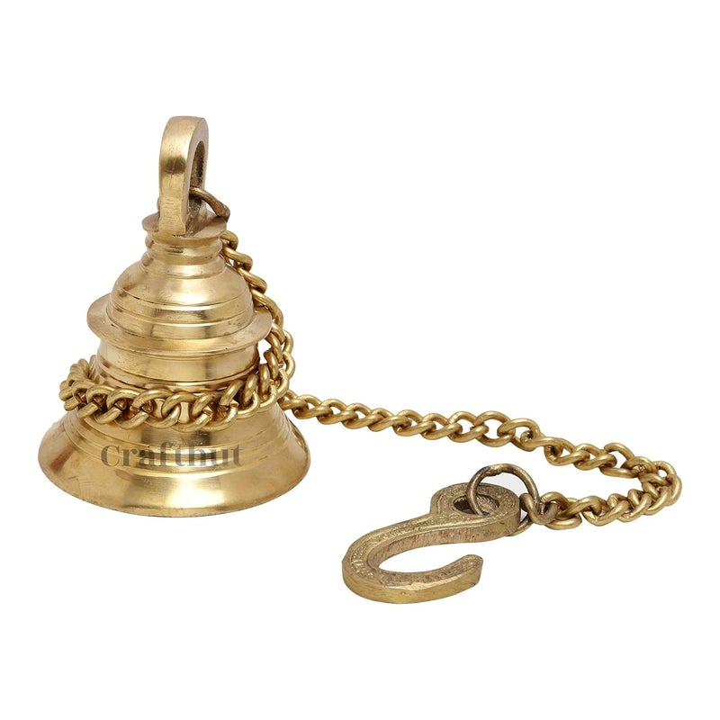 CRAFTHUT Beautiful Brass Hanging Bell with Chain for Temple Door Hallway Porch Or Balcony H 10 Cm - Image 1