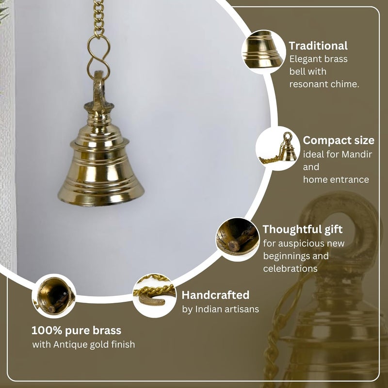 CRAFTHUT Beautiful Brass Hanging Bell with Chain for Temple Door Hallway Porch Or Balcony H 10 Cm - Image 3