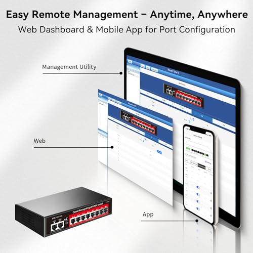 STEAMEMO 8 Port Gigabit PoE Switch with 2 Gigabit Uplink, 802.3af/at Compliant,120W Built-in Power, Managed PoE+ Switch Support VLAN, QoS, Fanless Metal, Plug and Play(Desktop/Wall Mount) - Image 3