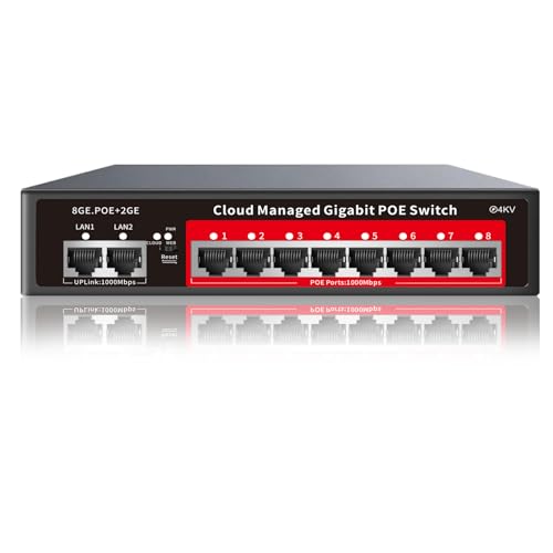 STEAMEMO 8 Port Gigabit PoE Switch with 2 Gigabit Uplink, 802.3af/at Compliant,120W Built-in Power, Managed PoE+ Switch Support VLAN, QoS, Fanless Metal, Plug and Play(Desktop/Wall Mount) - Image 1