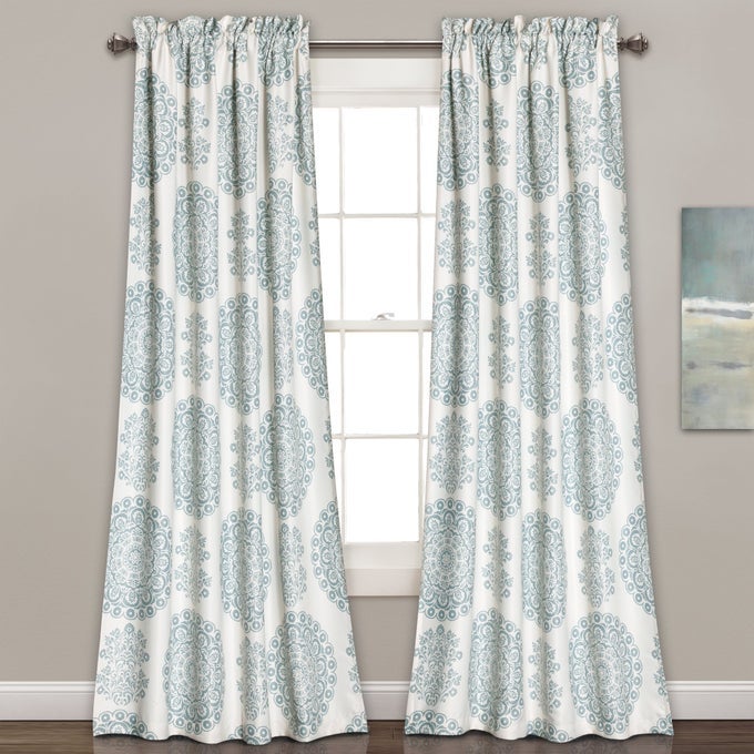 BLUE EVELYN MEDALLION LIGHT FILTERING WINDOW CURTAIN PANEL PAIR 95 X 52 2 HEADER 95 IN X 52