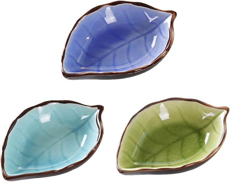 WAIT FLY WAIT FLY Lovely Leaf Shaped Ceramic Seasoning DishesTea Bag HoldersKetchup SaucersAppetizer PlatesVinegar Spice Salad Soy Sushi Wasabi Seasoning Dipping Bowls Set of 3  - Image 1