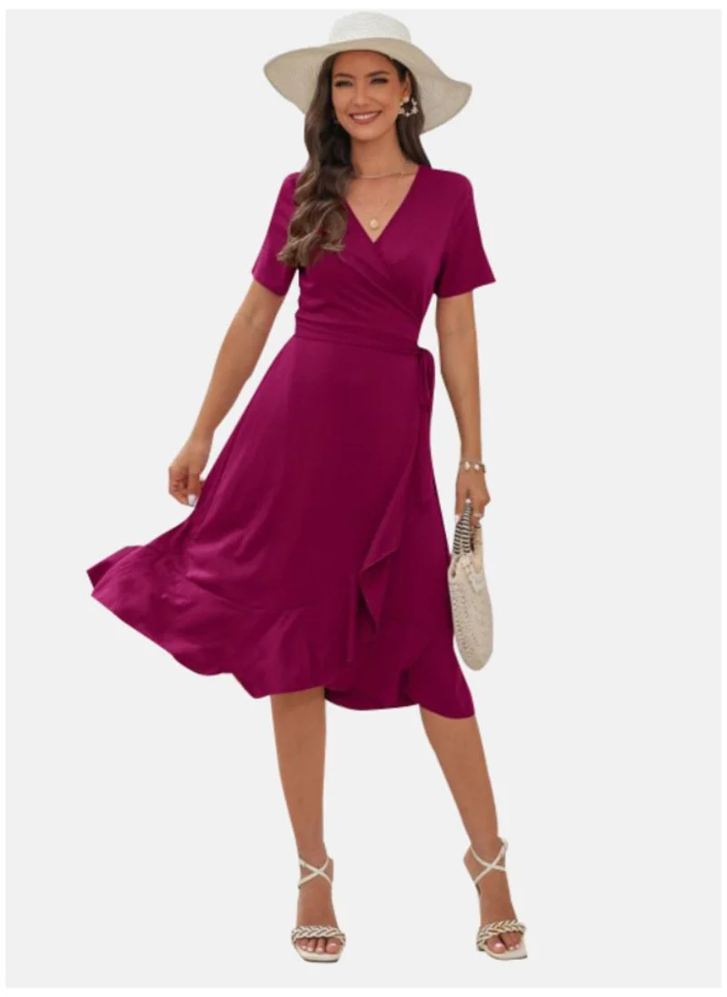 YUNIQEE Magenta V-Neck Cotton Fit & Flared Dress