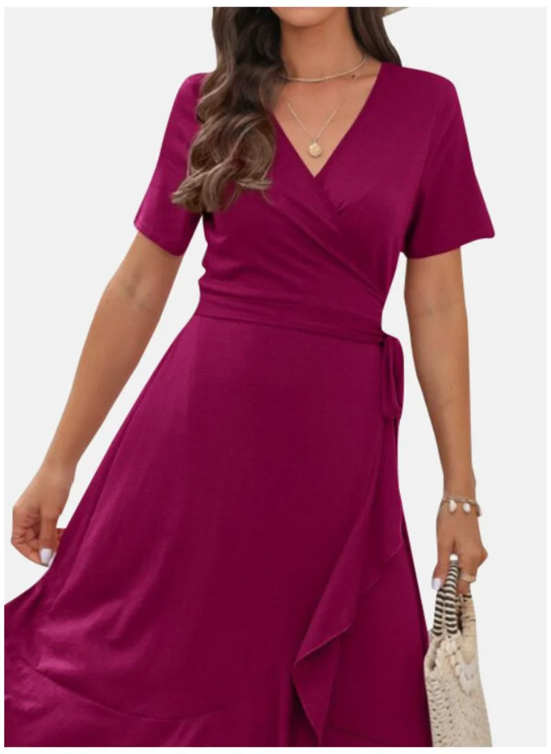 YUNIQEE Magenta V-Neck Cotton Fit & Flared Dress