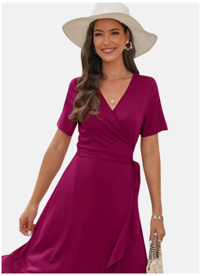 يونيكي Magenta V-Neck Cotton Fit & Flared Dress