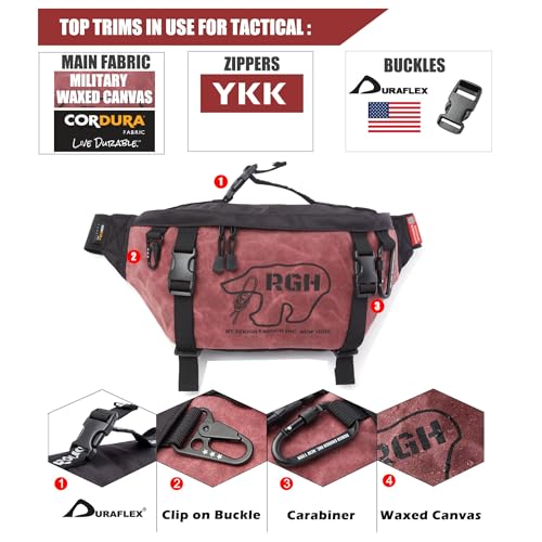 RE ROUGH ENOUGH Rough Enough Tactical Fanny Pack Crossbody Large Waist Bag for Men EDC Travel Hiking Fishing in Waxed Canvas Red, 4L - Image 4