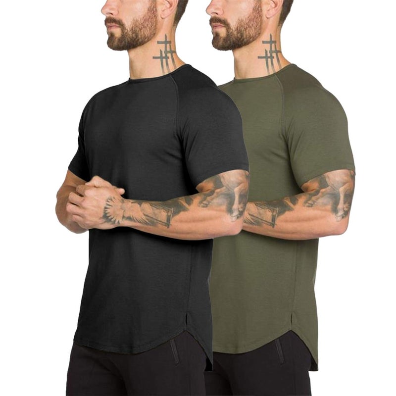 TEZO Mens Gym Workout Slim Fit Short Sleeve T-Shirt Cotton Performance Athletic Shirts Running Fitness Tee Loungewear(AGBK M)