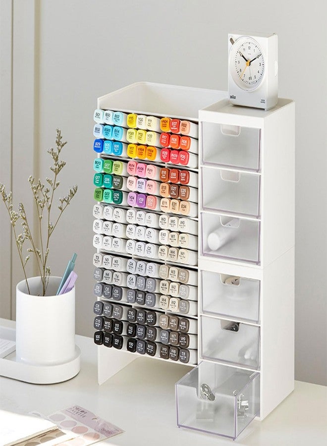 BANYUP Stackable Marker Organizer With Drawer - 6-grid Inclined Pen Slot Desktop Stationery Storage Holder - Large Pencil Marker Desk Pen Organizer - Image 5