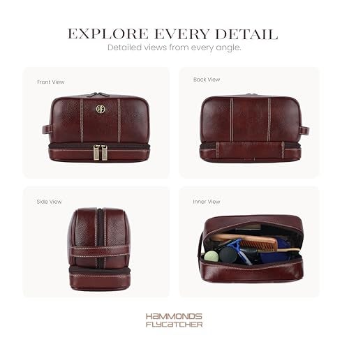 Hammonds Flycatcher Genuine Leather Toiletry Bag for Men and Women Cosmetic Organizer Bag, Travel Organizer Pouch, Shaving Kit Bag, Toiletry Pouch for Men with Multiple Pockets - Brown - Image 3