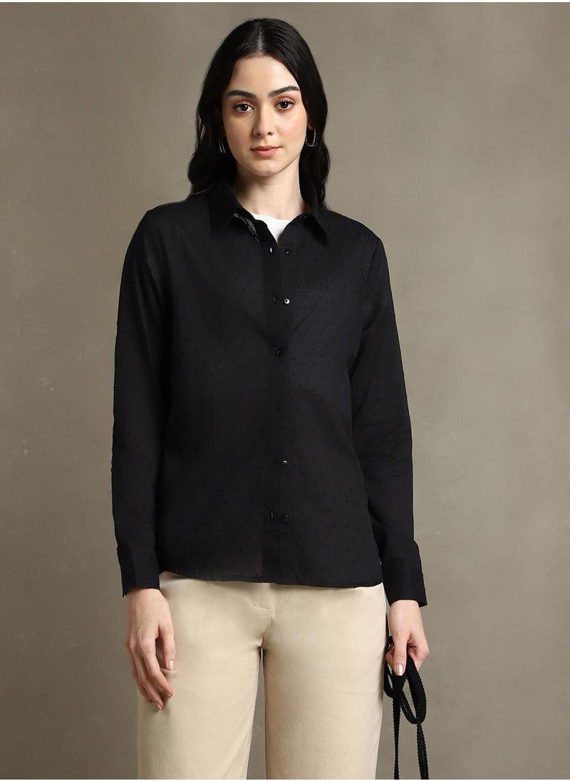 Dennis Lingo Women's Black 100% Cotton Solid Textured Regular Fit Shirt  - Image 1