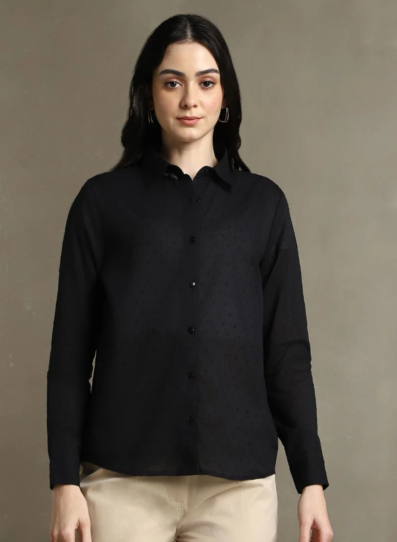 Dennis Lingo Women's Black 100% Cotton Solid Textured Regular Fit Shirt