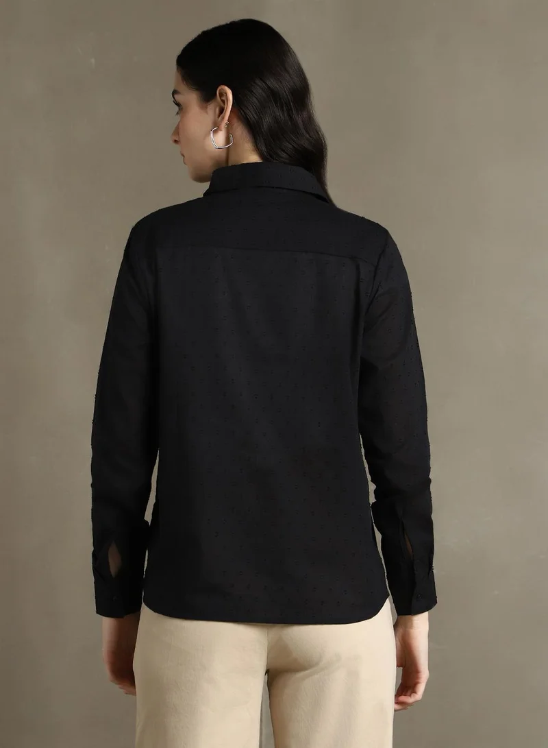 Dennis Lingo Women's Black 100% Cotton Solid Textured Regular Fit Shirt