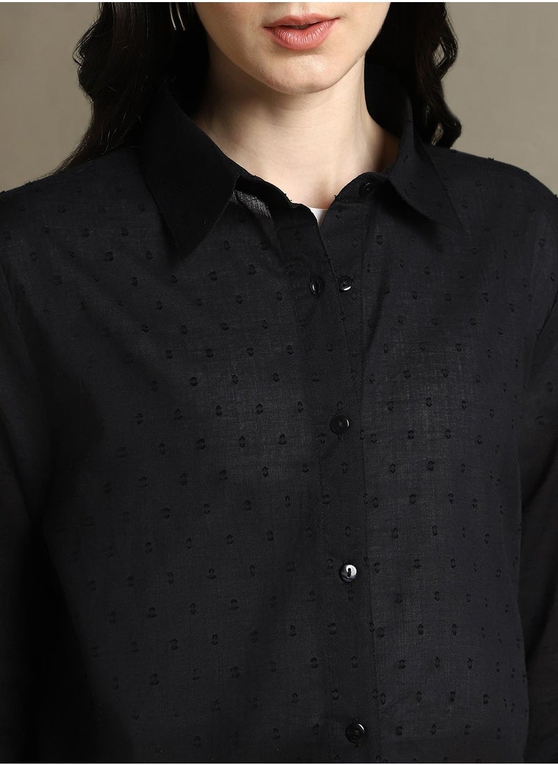 Dennis Lingo Women's Black 100% Cotton Solid Textured Regular Fit Shirt  - Image 4
