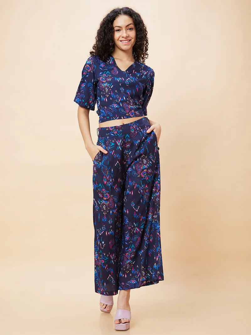 globus Globus Women Paisley Print Wrap Tie-Back Crop Top & Flared Palazzos Co-Ord Set
