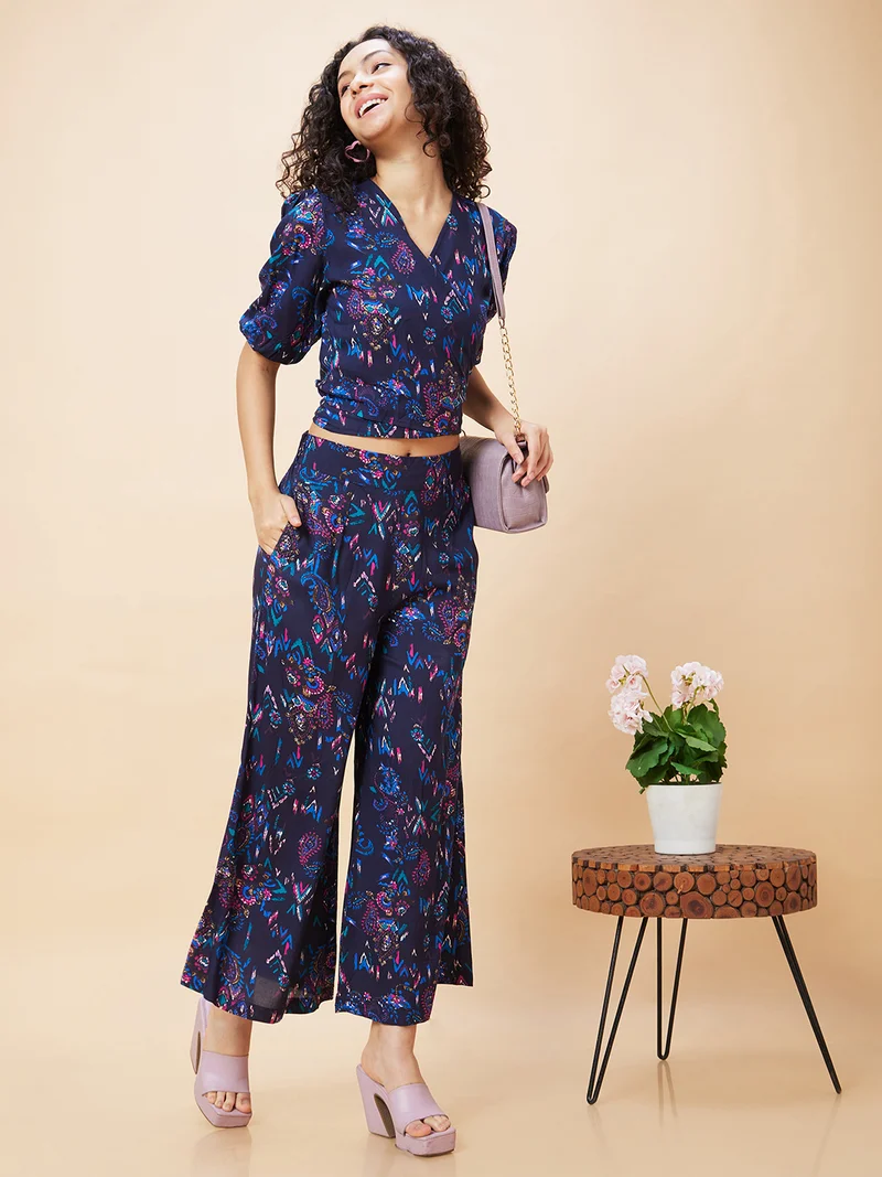 globus Globus Women Paisley Print Wrap Tie-Back Crop Top & Flared Palazzos Co-Ord Set