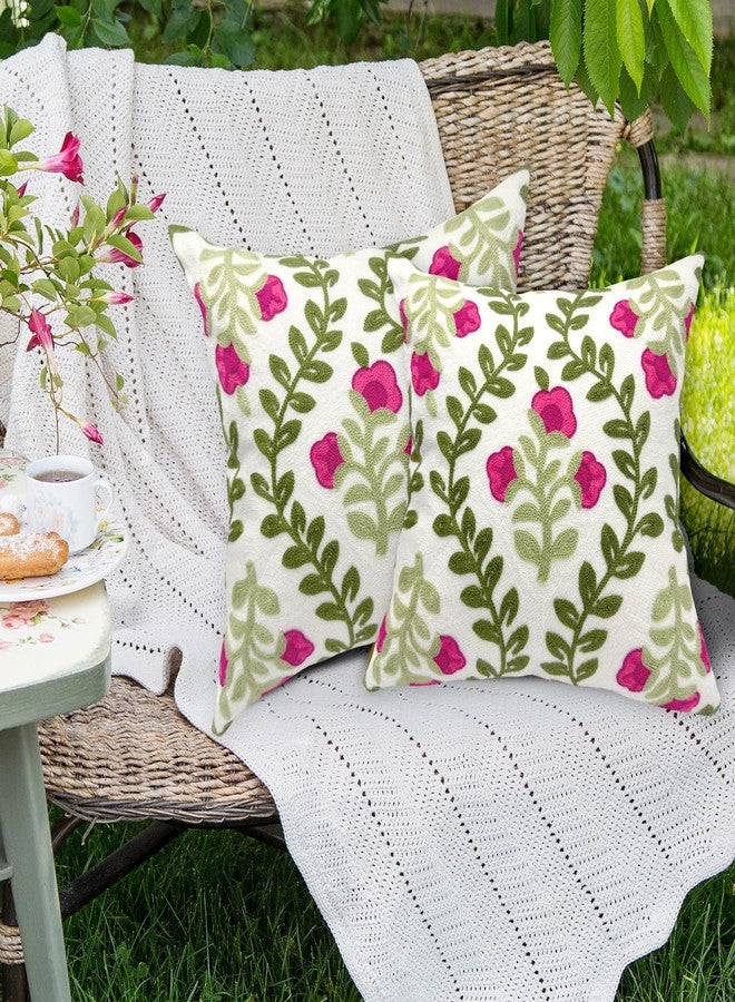 Alysheer Summer Decorative Throw Pillow Covers 18"x 18" Set of 2, Floral Embroidered Farmhouse Hot Pink Flowers Green Vine Patterned Cotton Canvas Cushion Case for Sofa Couch Bed Living Room Decor - Image 3