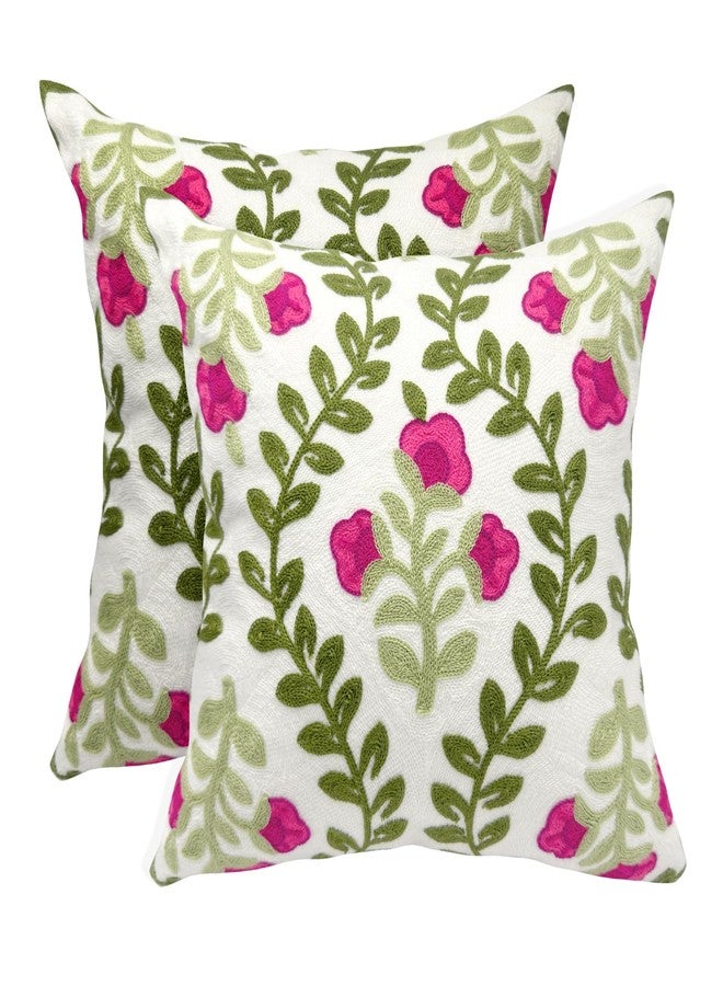 Alysheer Summer Decorative Throw Pillow Covers 18"x 18" Set of 2, Floral Embroidered Farmhouse Hot Pink Flowers Green Vine Patterned Cotton Canvas Cushion Case for Sofa Couch Bed Living Room Decor - Image 1