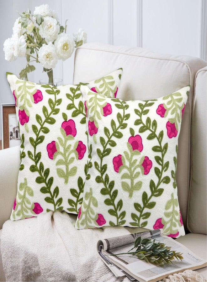 Alysheer Summer Decorative Throw Pillow Covers 18"x 18" Set of 2, Floral Embroidered Farmhouse Hot Pink Flowers Green Vine Patterned Cotton Canvas Cushion Case for Sofa Couch Bed Living Room Decor - Image 2