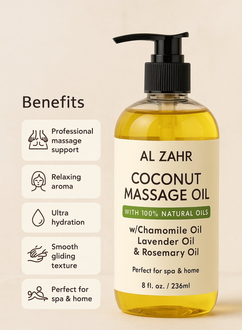 زهر زيت تدليك جوز الهند مع البابونج والخزامى وإكليل الجبل - زيت تدليك للجسم طبيعي 100% بدرجة المنتجعات الصحية للاسترخاء والترطيب العميق وبشرة ناعمة ومتوهجة - زيت عطري غير دهني - Image 5