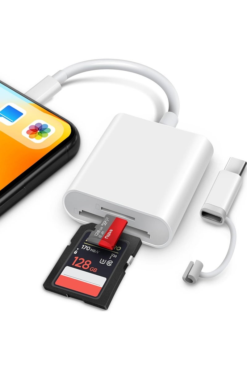 قارئ بطاقات SD للآيفون والآيباد، مزود بموصل مزدوج Lightning وUSB-C، محول ذاكرة لبطاقات SD/MicroSD، يدعم العرض عالي السرعة من كاميرات التتبع الرقمية إلى الآيفون، يعمل بتقنية التوصيل والتشغيل – اللون: أبيض. - Image 1