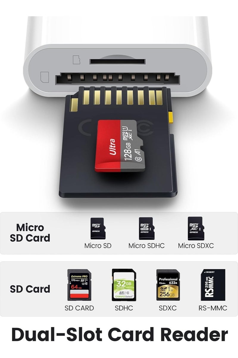 قارئ بطاقات SD للآيفون والآيباد، مزود بموصل مزدوج Lightning وUSB-C، محول ذاكرة لبطاقات SD/MicroSD، يدعم العرض عالي السرعة من كاميرات التتبع الرقمية إلى الآيفون، يعمل بتقنية التوصيل والتشغيل – اللون: أبيض. - Image 2