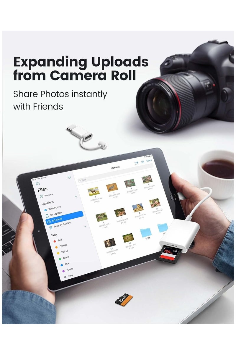 قارئ بطاقات SD للآيفون والآيباد، مزود بموصل مزدوج Lightning وUSB-C، محول ذاكرة لبطاقات SD/MicroSD، يدعم العرض عالي السرعة من كاميرات التتبع الرقمية إلى الآيفون، يعمل بتقنية التوصيل والتشغيل – اللون: أبيض. - Image 3