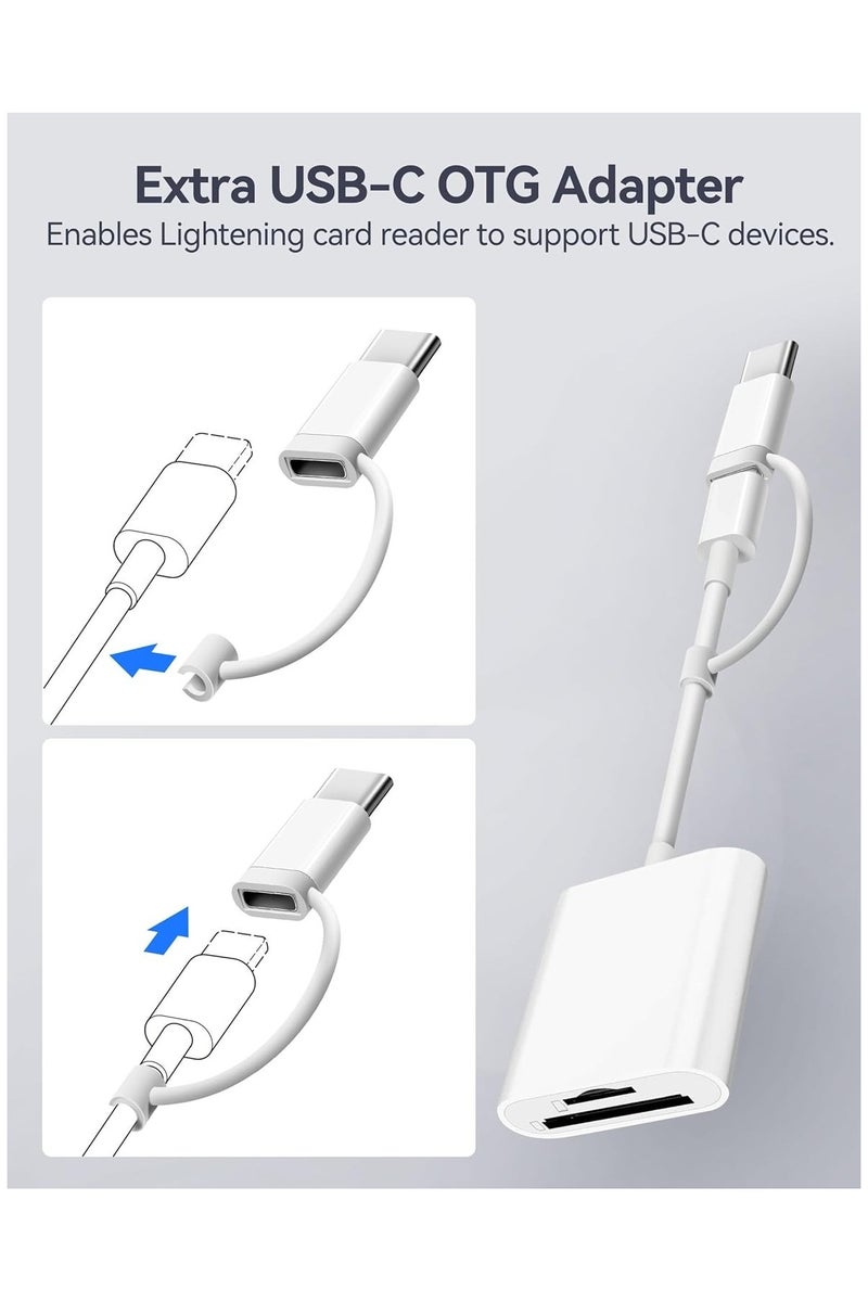 قارئ بطاقات SD للآيفون والآيباد، مزود بموصل مزدوج Lightning وUSB-C، محول ذاكرة لبطاقات SD/MicroSD، يدعم العرض عالي السرعة من كاميرات التتبع الرقمية إلى الآيفون، يعمل بتقنية التوصيل والتشغيل – اللون: أبيض. - Image 5