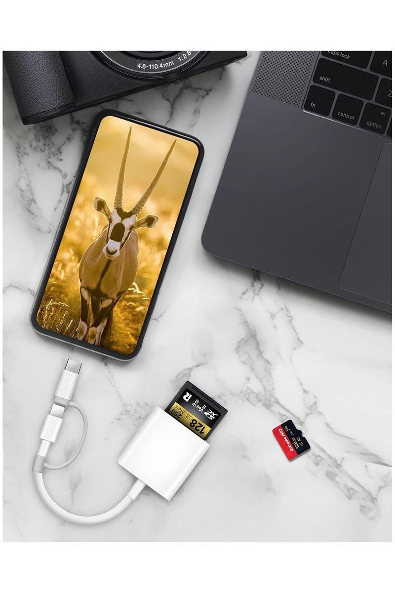 قارئ بطاقات SD للآيفون والآيباد، مزود بموصل مزدوج Lightning وUSB-C، محول ذاكرة لبطاقات SD/MicroSD، يدعم العرض عالي السرعة من كاميرات التتبع الرقمية إلى الآيفون، يعمل بتقنية التوصيل والتشغيل – اللون: أبيض. - Image 4