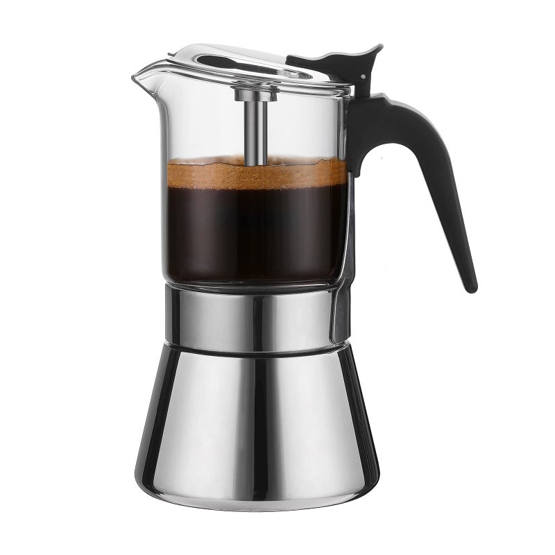 SIXAQUAE Moka Induction Stovetop Espresso Maker With Pressure valveCrystal Glasstop Stainless Steel Esprosso Moka Pot240ml Classic Italian Coffee Maker