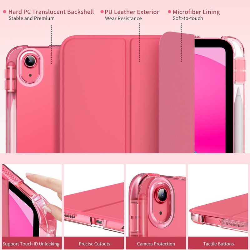 MoKo for iPad 11-inch (A16) 11th Generation Case 2025, iPad 10th Generation Case 2022 with Pencil Holder, Slim Lightweight Trifold iPad11 inch Cover with Rugged PC Translucent Back Shell,WatermelonRed - Image 3