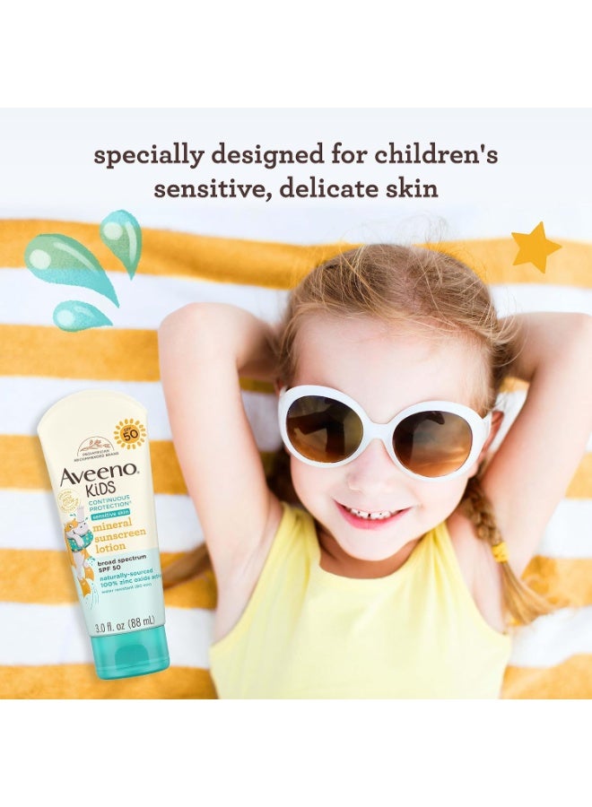 Aveeno Kids Continuous Protection Zinc Oxide Mineral Sunscreen Lotion for Children's Sensitive Skin with Broad Spectrum SPF 50, Tear-Free, Sweat- & Water-Resistant, Non-Greasy, 88 ml - Image 2
