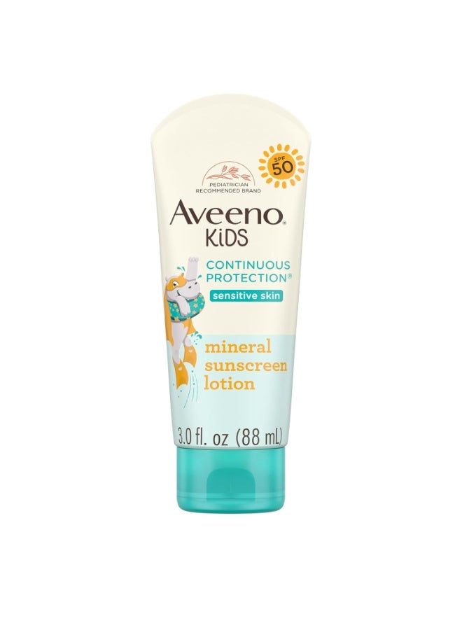 Aveeno Kids Continuous Protection Zinc Oxide Mineral Sunscreen Lotion for Children's Sensitive Skin with Broad Spectrum SPF 50, Tear-Free, Sweat- & Water-Resistant, Non-Greasy, 88 ml - Image 1