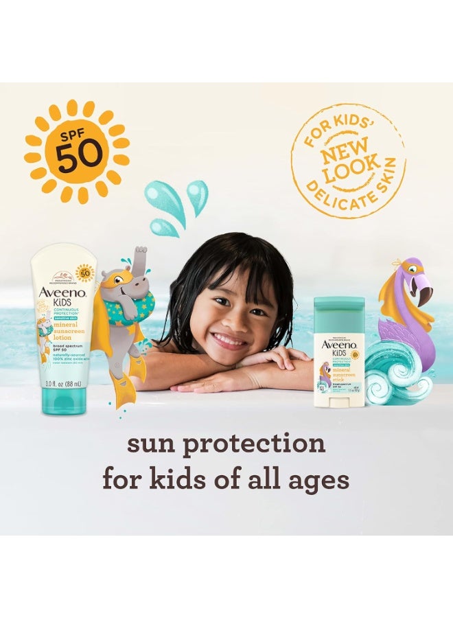 Aveeno Kids Continuous Protection Zinc Oxide Mineral Sunscreen Lotion for Children's Sensitive Skin with Broad Spectrum SPF 50, Tear-Free, Sweat- & Water-Resistant, Non-Greasy, 88 ml - Image 4