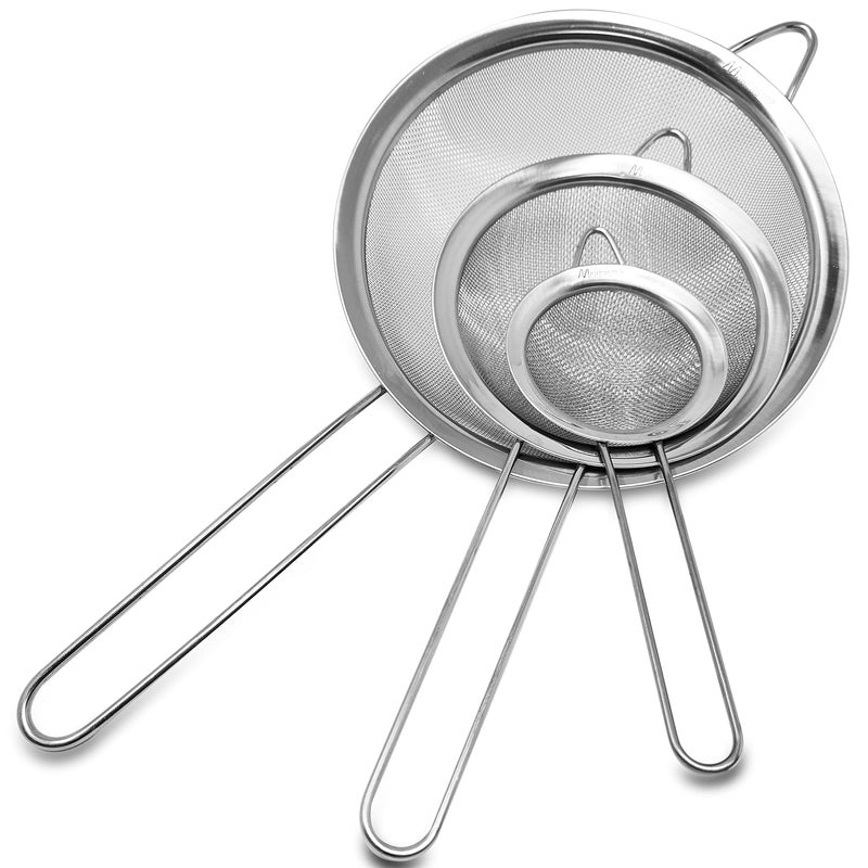Makerstep Makerstep Set of 3 Stainless Steel Fine Mesh Strainers Graduated Sizes 338 55 787 Strainer Wire Sieve Sifter with Sturdy Handle for Kitchen Gadgets Tools  New Home Kitchen Essentials 