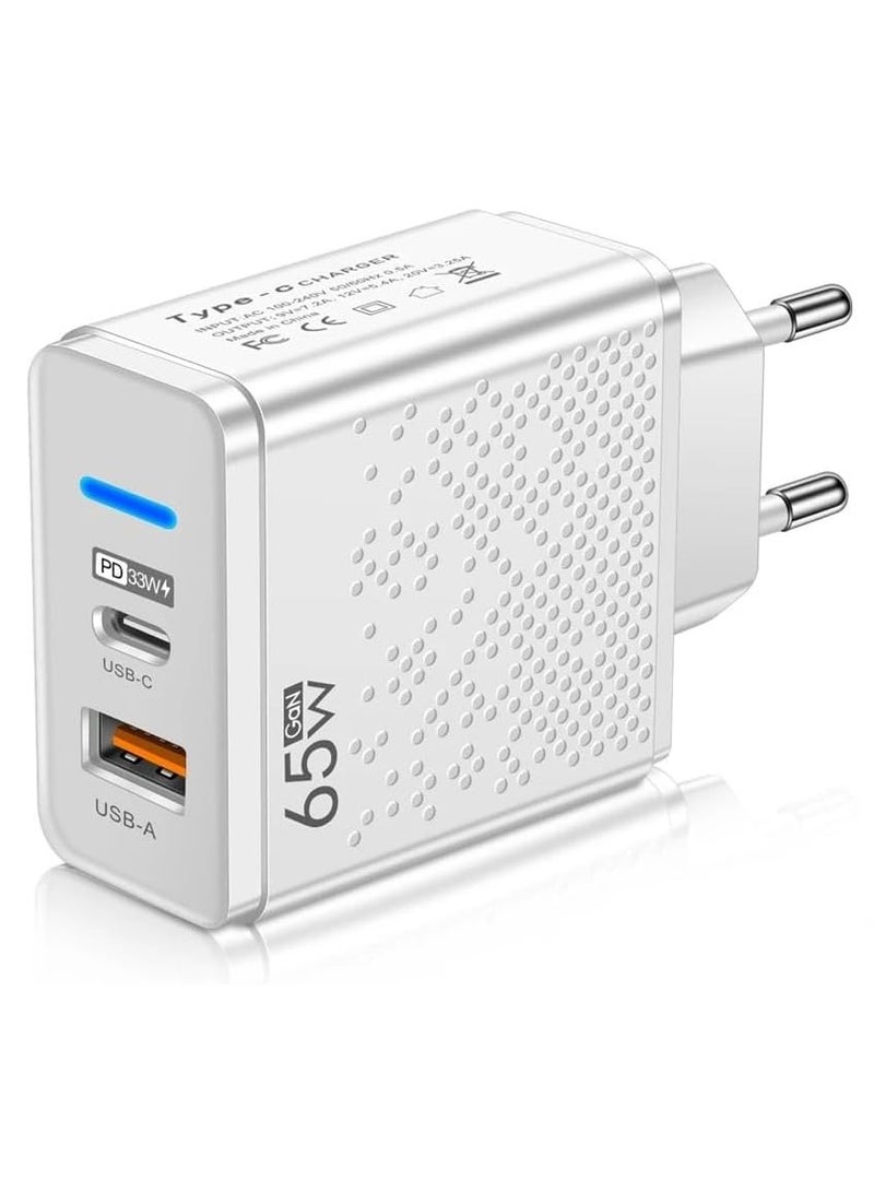 65W GaN Charger USB C Power Adapter Dual Type A & C Wall Charging Plug GaN Compatible with Steam Deck, iPhone, iPad, Oneplus, Huawei, Lenovo, HP, Asus, Ace, Xiaomi, Samsung