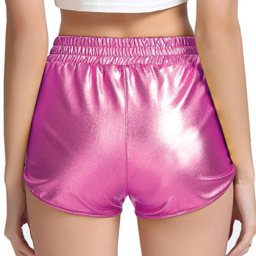 PESION Women's Shiny Pink Metallic Glitter Shorts Sparkly Hot Yoga Outfit, Pink X-Large - Image 2