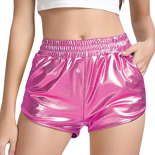 PESION Women's Shiny Pink Metallic Glitter Shorts Sparkly Hot Yoga Outfit, Pink X-Large - Image 1