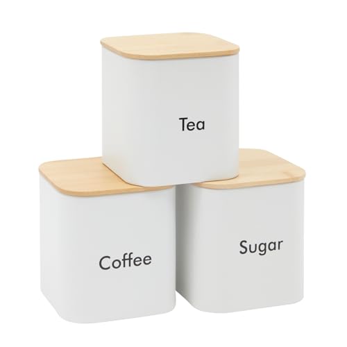 Juvale Coffee Bean Storage Canisters for Countertop - 3-Piece White Iron 48 oz Set - Silicone Seal Lids for Freshness - Sugar Jar & Tea Organizer - Coffee Bar Accessories & Countertop Organization - Image 1