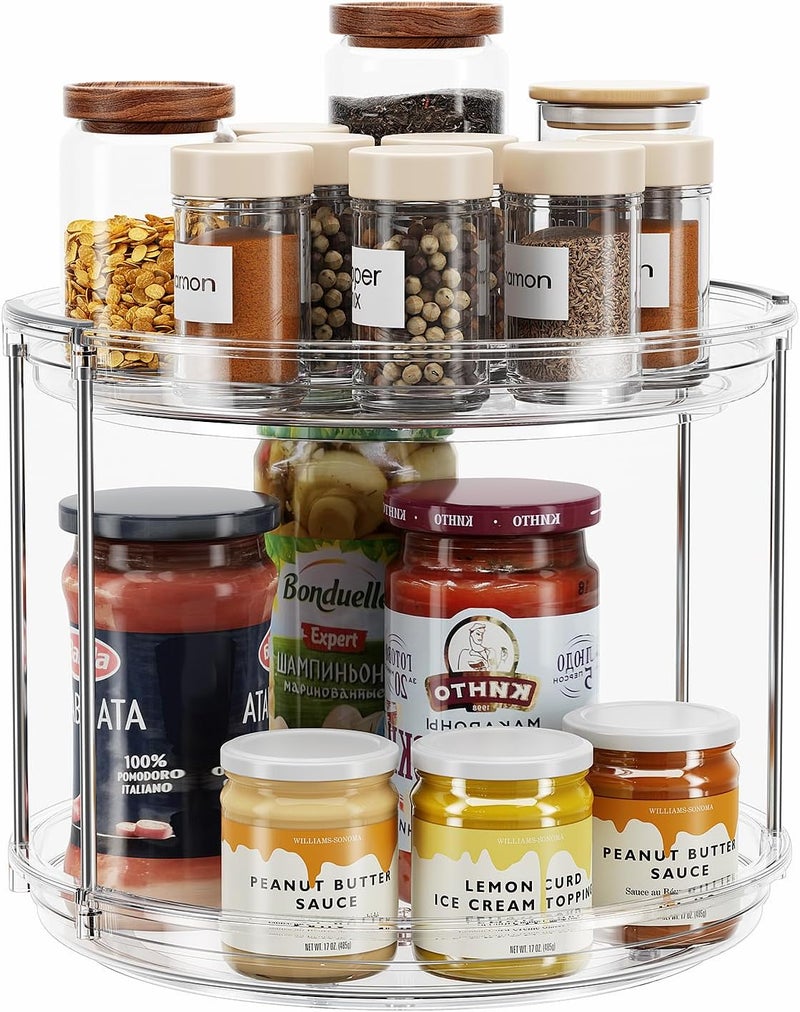 LAMU 2 Tier Lazy Susan Turntable Organizer 9.25'' Rotating Spice Rack Organization for Cabinet, Kitchen, Pantry, Spining Makeup Organizer for Bathroom Vanity, Clear - Image 1