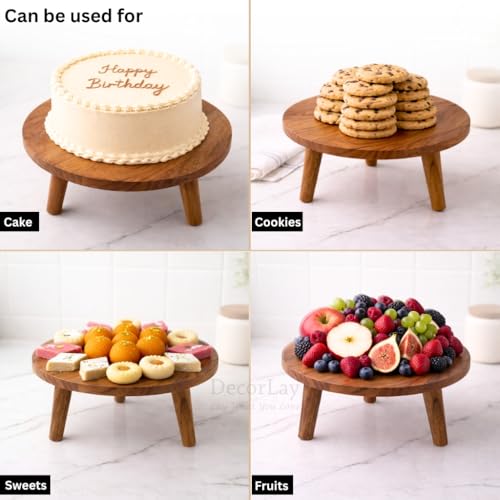 Decorlay Acacia Wood Round Footed Serving Board | Removable-Leg Pedestal Riser Cake Stand | Charcuterie, Cheese, Bread, Fruit & Vegetable Platter Tray - Image 4