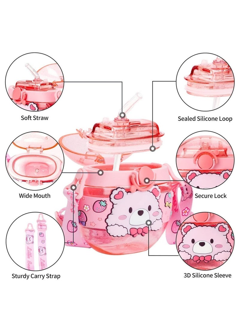Generic - Water Bottle with Straw, 14oz Girls Water Bottles with Sippy Lid and Shoulder Strap for School Leak Proof Reusable Plastic Round Drink Sports Bottles Cups - Image 1