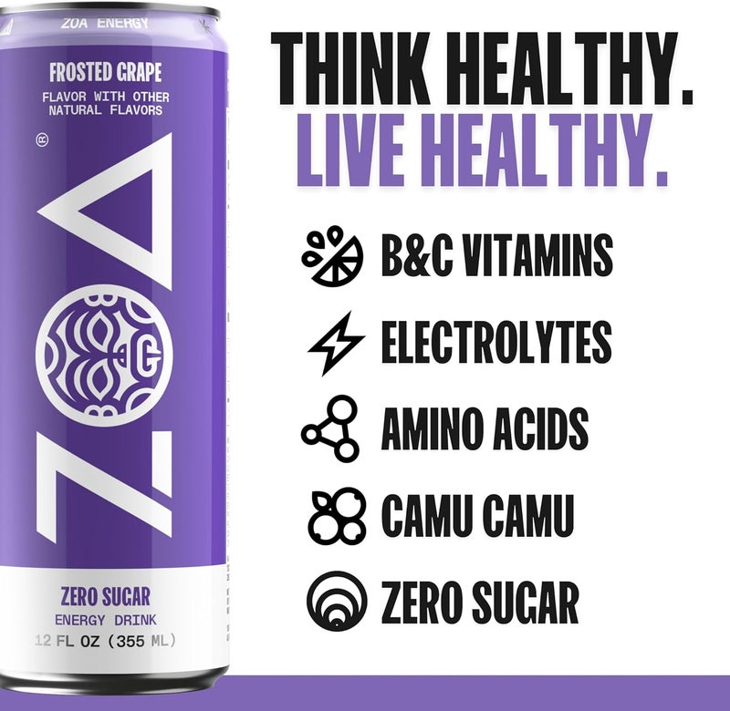 ZOA Zero Sugar Energy Drink - Frosted Grape (12-Pack) - Image 2
