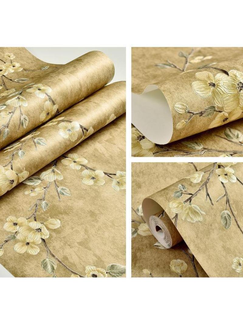 YQbest ورق جدران فاخرة عتيقة لغرفة المعيشة وغرفة النوم بأسلوب ريفي شجرة زهور ديكور منزلي خلفية تلفاز ورق جدران رئيسي - أصفر عتيق 0.53 * 3م - Image 3