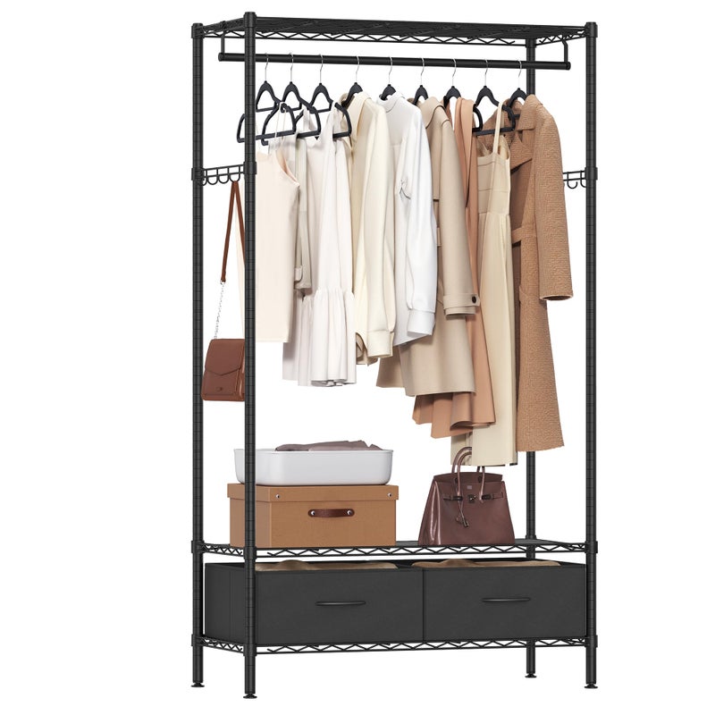SONGMICS SONGMICS Clothes Rack HeavyDuty Garment Rack with Mesh Shelf 2 Fabric Drawers Hanging Rail Hooks Ink Black ULGR411B02