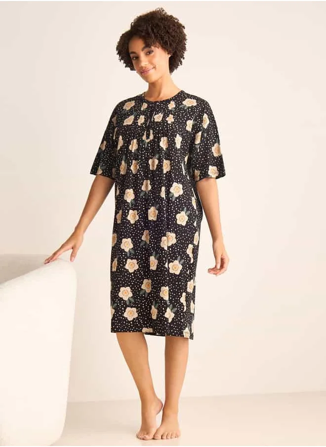 FAV Floral Print Sleepshirt with Button Closure and Short Sleeves