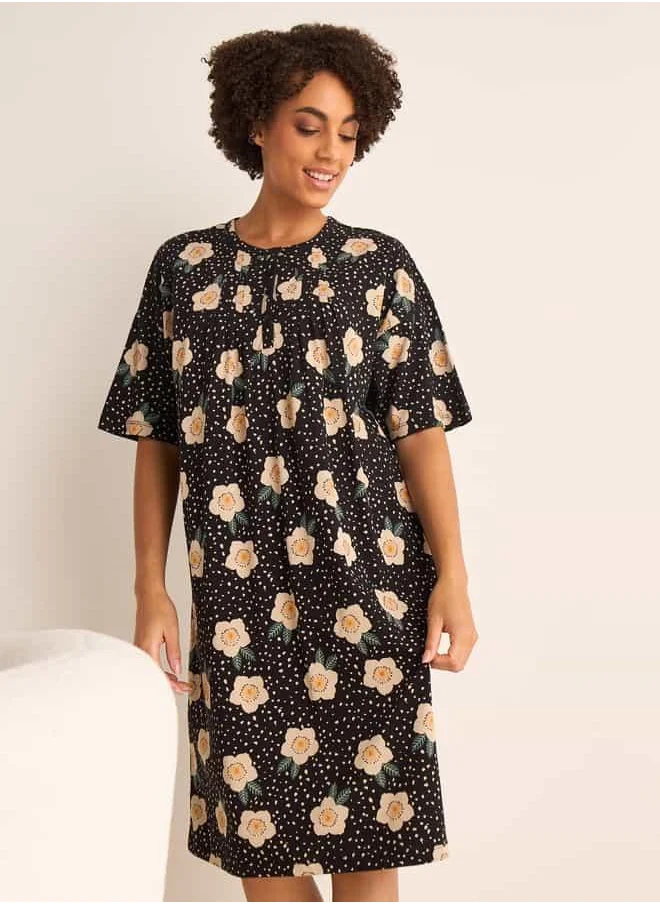 FAV Floral Print Sleepshirt with Button Closure and Short Sleeves