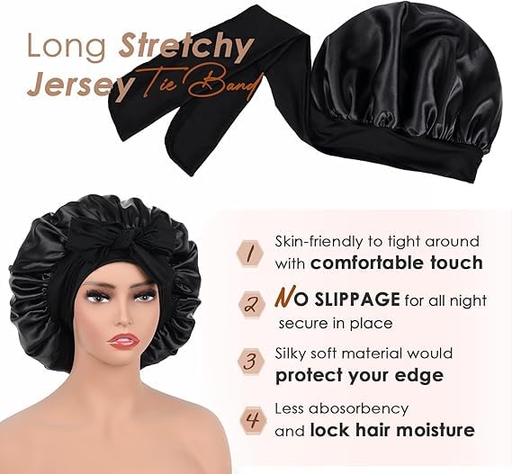 Candibella Silk Bonnet for Hair with 3 Scrunchies, Adjustable Hair Cap for Sleeping, Satin Bonnet for Curly Hair with Wide Elastic Tie Band (IN, Alpha, Free Size, Black, Silk Bonnets) - Image 3