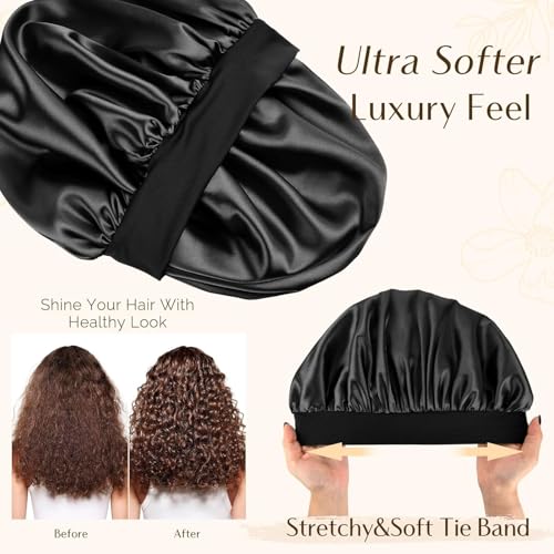 Candibella Silk Bonnet for Hair with 3 Scrunchies, Adjustable Hair Cap for Sleeping, Satin Bonnet for Curly Hair with Wide Elastic Tie Band (IN, Alpha, Free Size, Black, Silk Bonnets) - Image 2